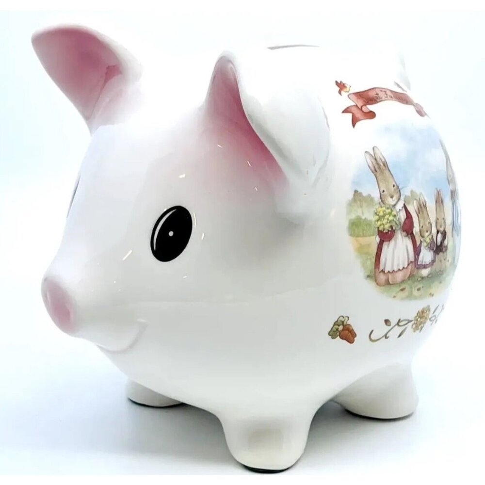 VTG Ceramic Pig Piggy Bank Painted Beatrice Rabbit Garden Peco Ware Cottage 6x6”